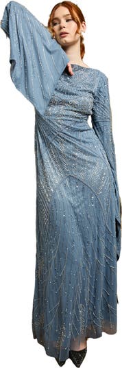 Modest Embellished Sequin Beaded Maxi Dress With Long Sleeves