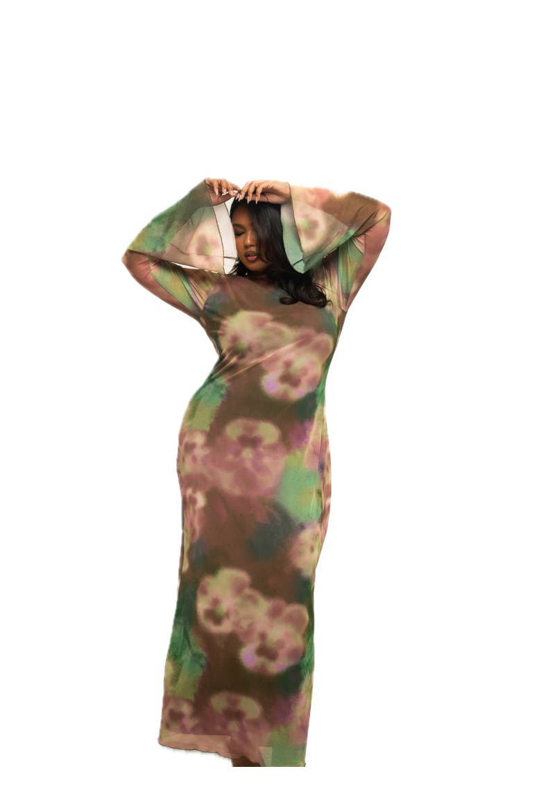 Plus Size Floral Print Mesh Maxi Dress, Main, color, Green