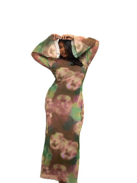 Plus Size Floral Print Mesh Maxi Dress