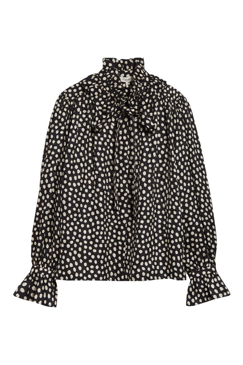 Polka Dot Jacquard Organic Silk Crêpe de Chine Shirt, Alternate, color, BEIGE - BLACK
