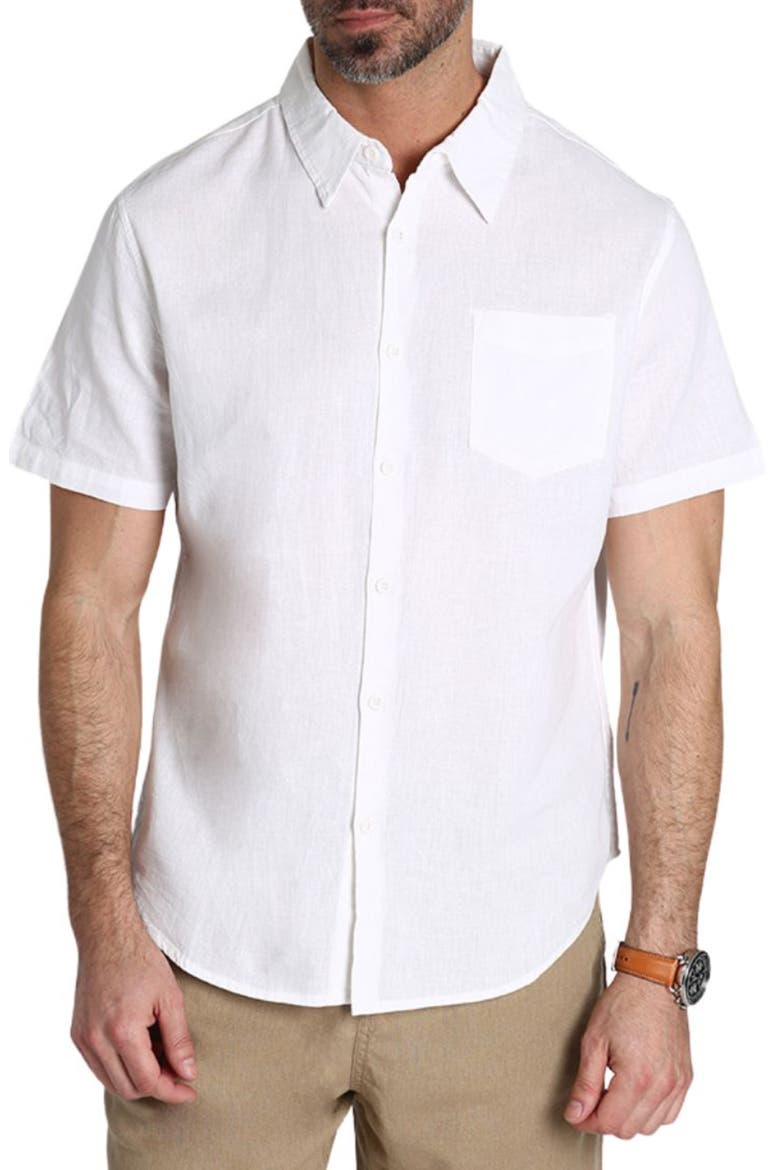Solid Short Sleeve Cotton & Linen Button-Up Shirt, Main, color, WHITE