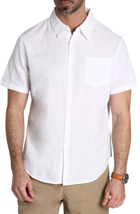 Solid Short Sleeve Cotton & Linen Button-Up Shirt