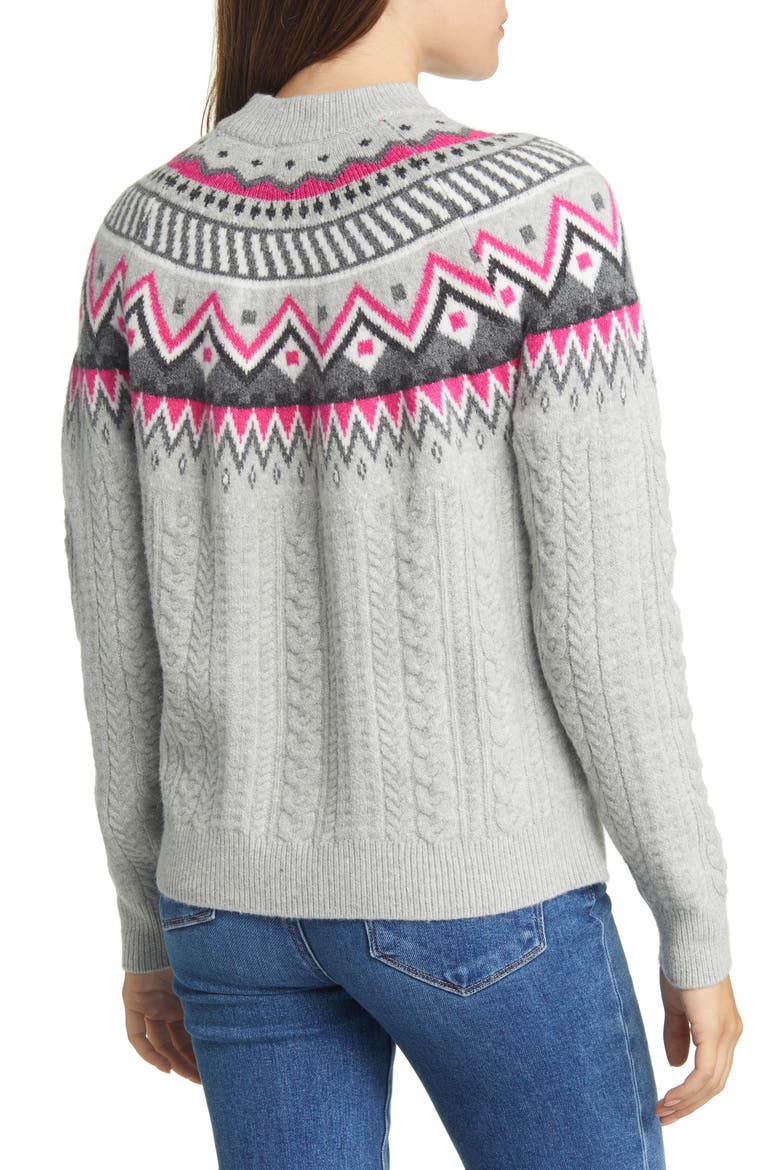 Fair Isle Cable Knit Sweater, Alternate, color, GREY HEATHER- PINK FAIRISLE