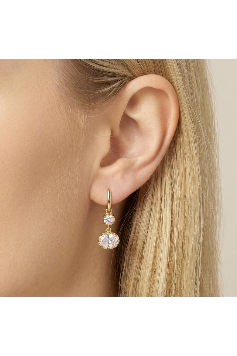 CZ Double Drop Prong Earrings, Alternate, color, Gold Plated Sterling Silver