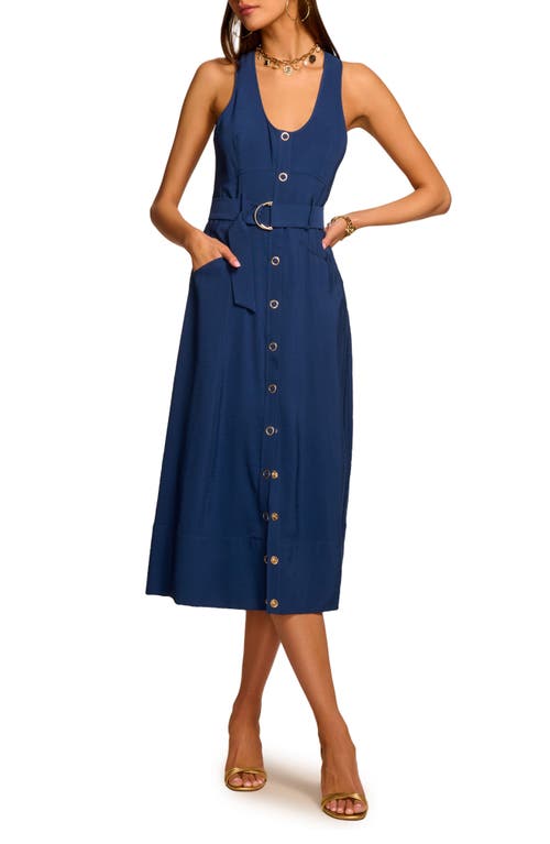 Ramy Brook Nomi Sleeveless Belted Midi Dress In Spring Navy