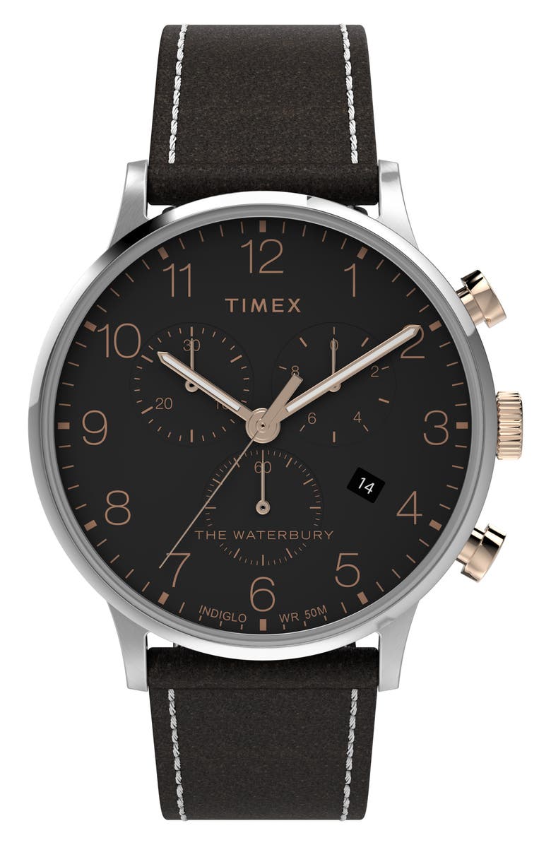Timex<sup>®</sup> Waterbury Classic Chronograph Leather Strap Watch, 40mm, Main, color,