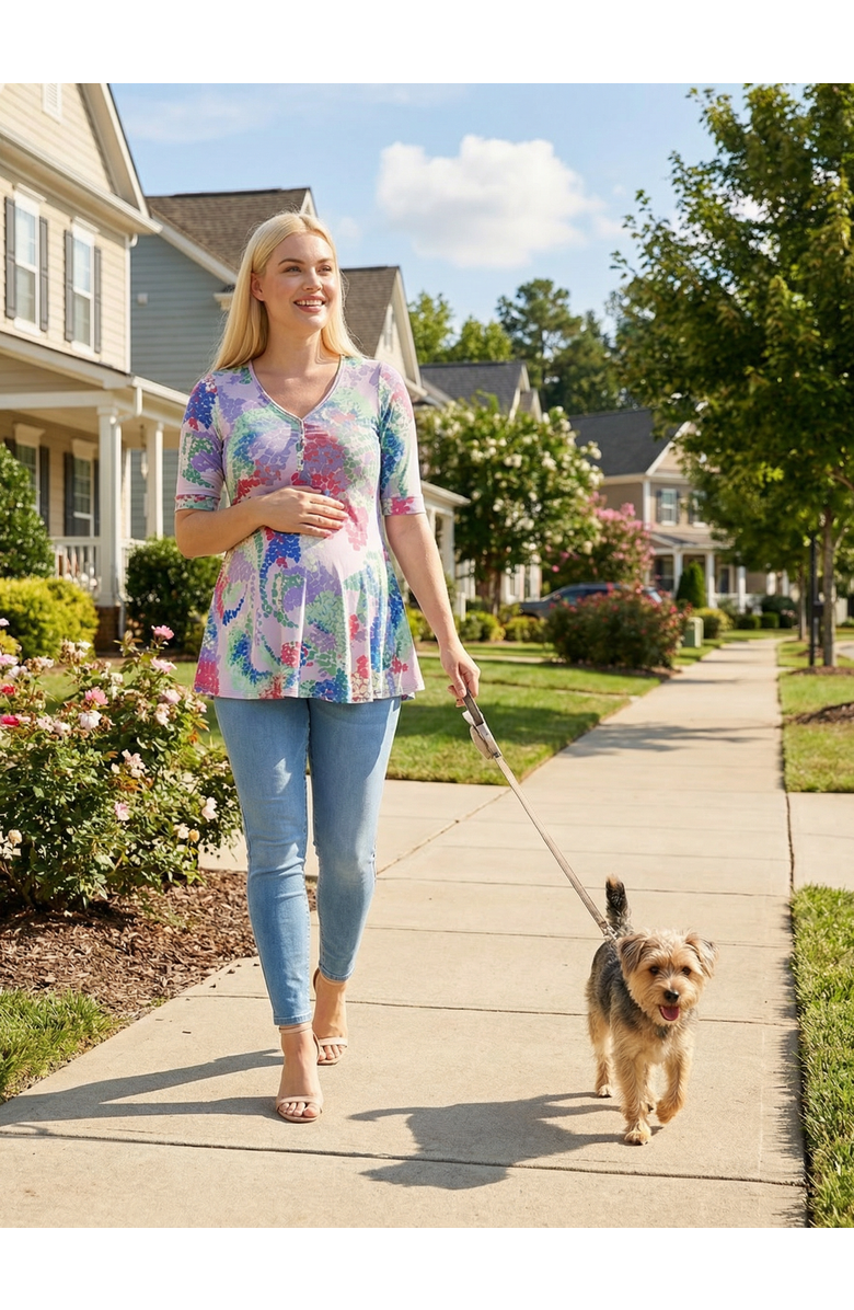 24seven Comfort Apparel Maternity Abstract V-Neck Elbow Sleeve Henley Tunic Top, Alternate, color, Lilac Multi