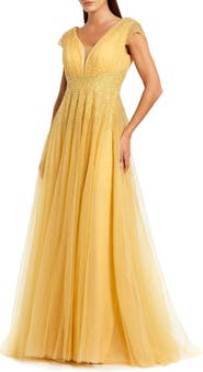 Mac Duggal Embellished Tulle Cap Sleeve V Neck Gown