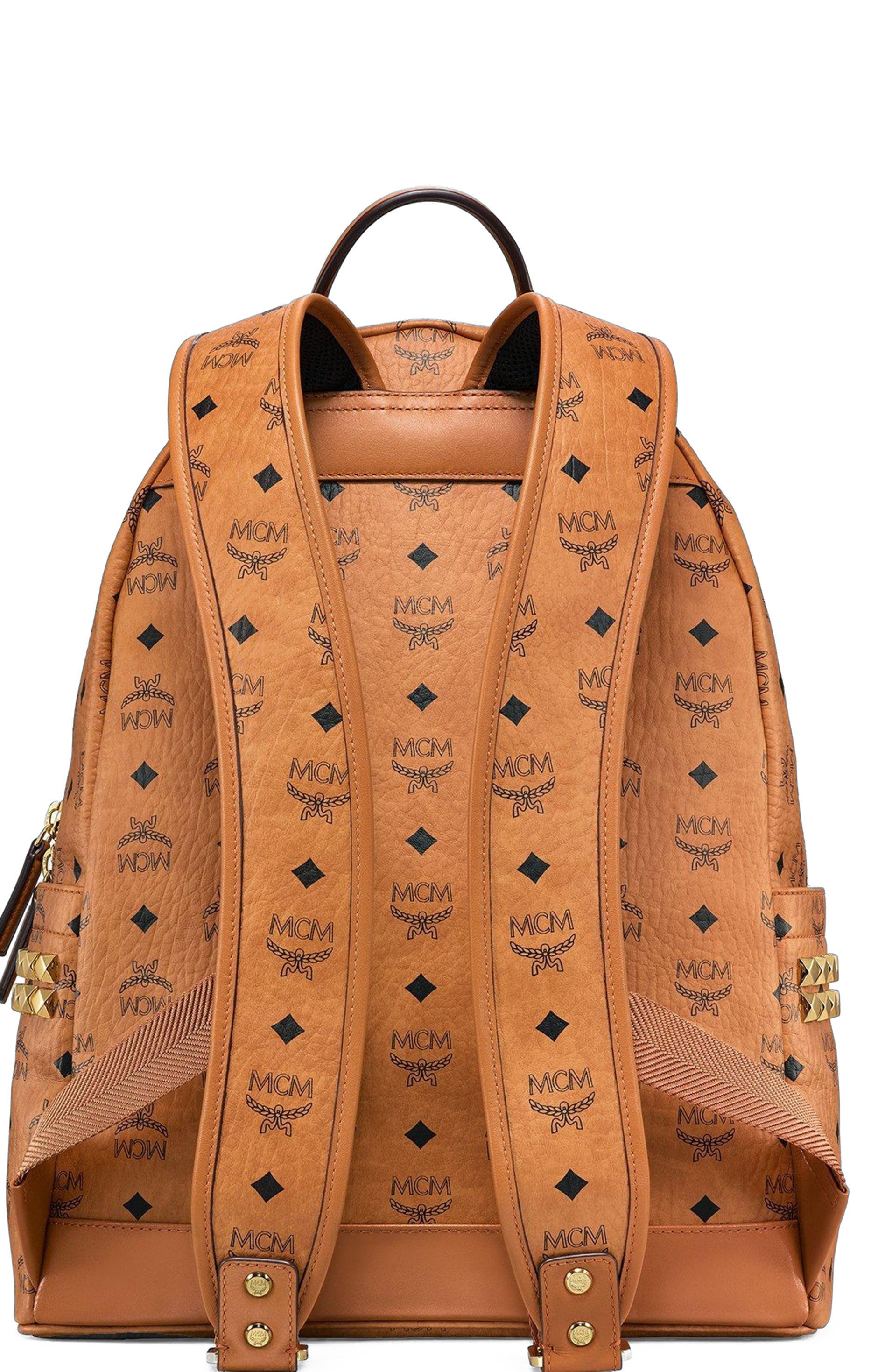 MCM Stark Side Studs Backpack in Visetos, Alternate, color, Cognac