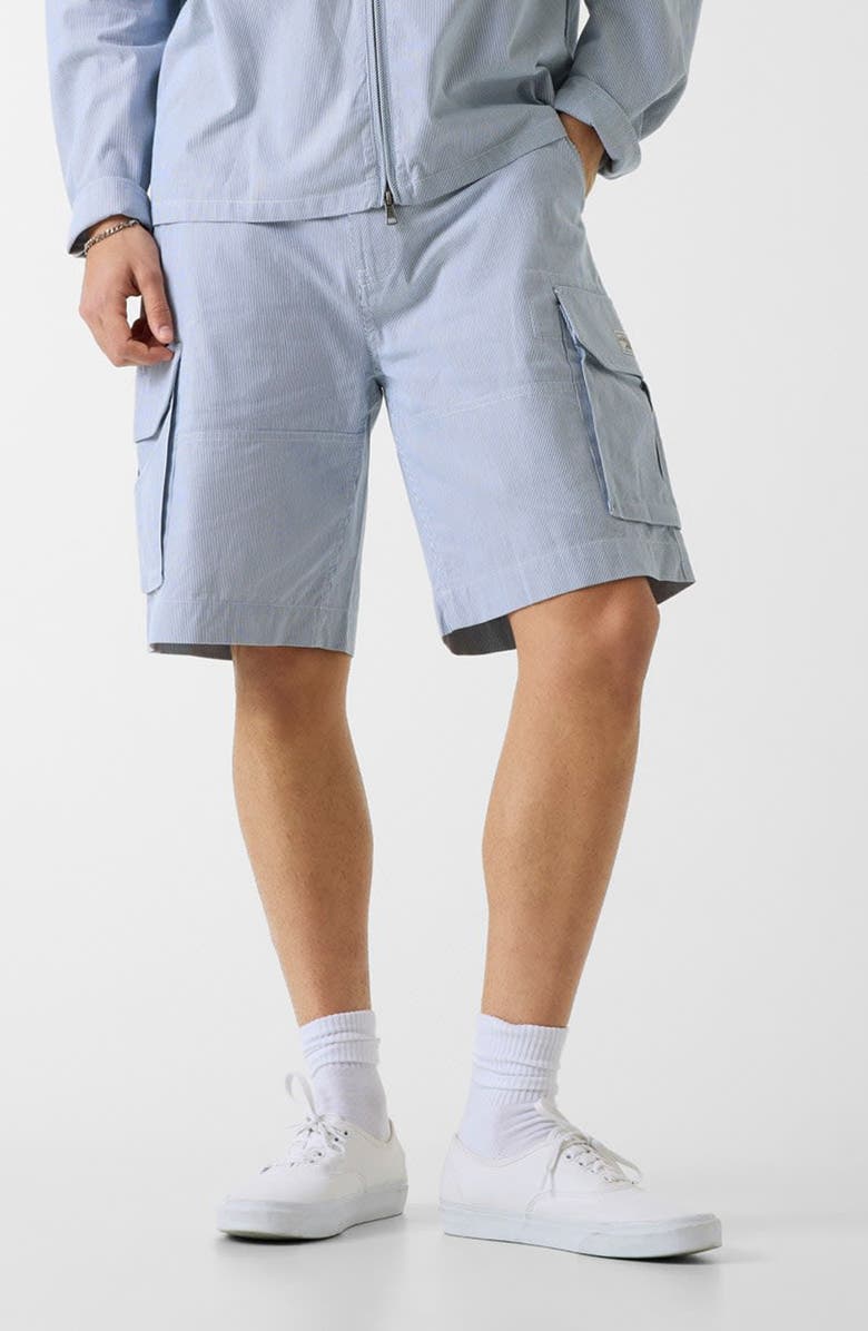 GUESS Stripe Cargo Denim Shorts, Main, color, Daring Ocean/ White