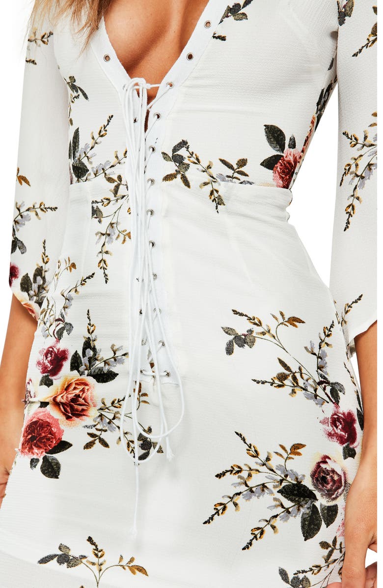 Missguided Lace-Up Body Con Dress, Alternate, color, Cream