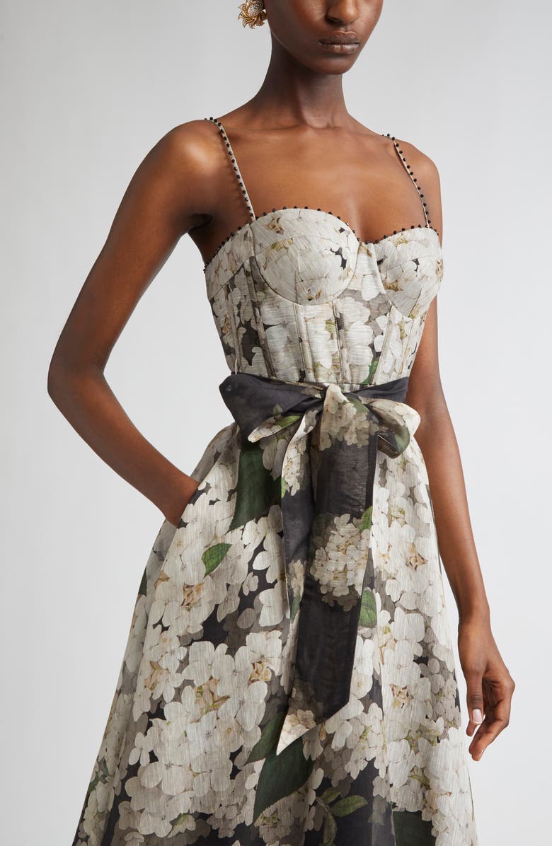 Zimmermann Balance Picnic Corset Linen & Silk Midi Dress, Alternate, color,