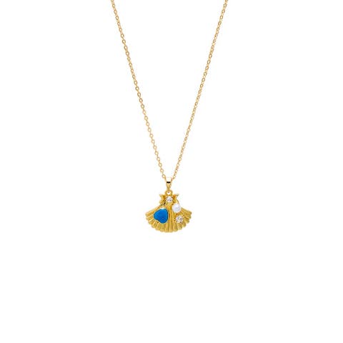 Turquoise, Pearl & CZ Seashell Pendant Necklace