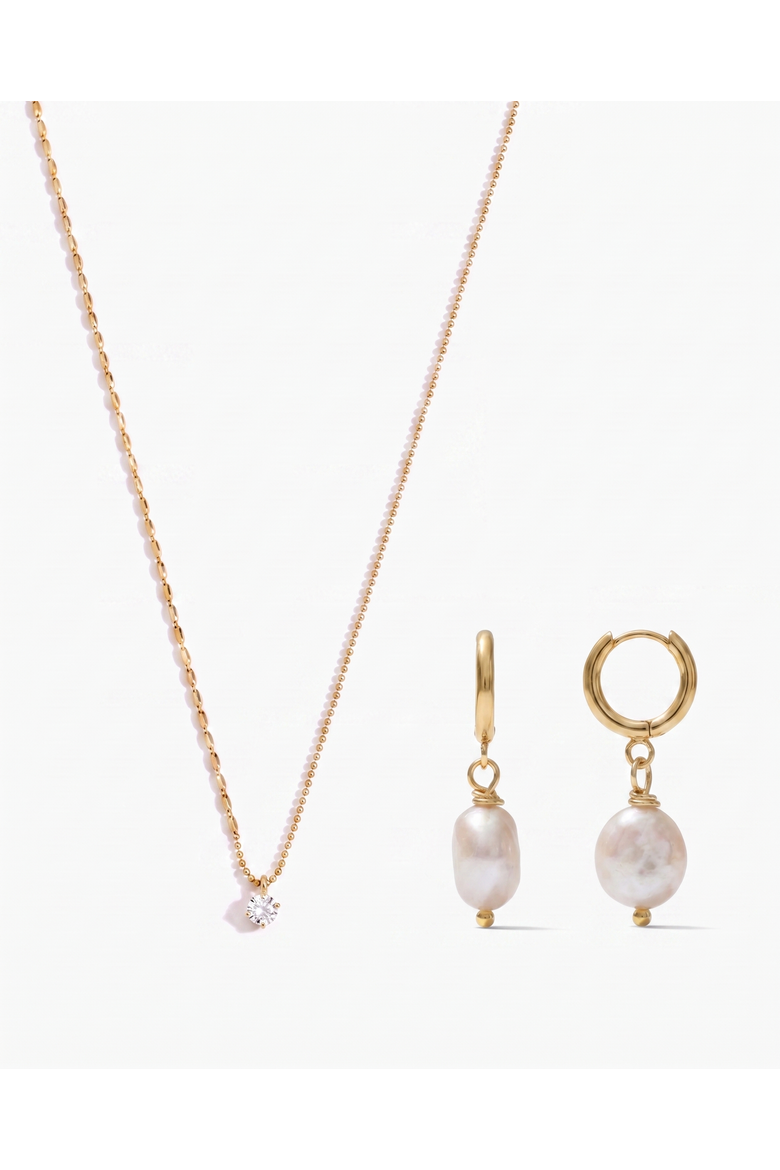 Zircon Necklace and Pearl Drop Earrings Set, Main, color, Gold