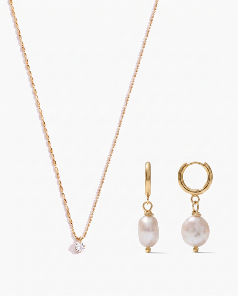 Zircon Necklace and Pearl Drop Earrings Set