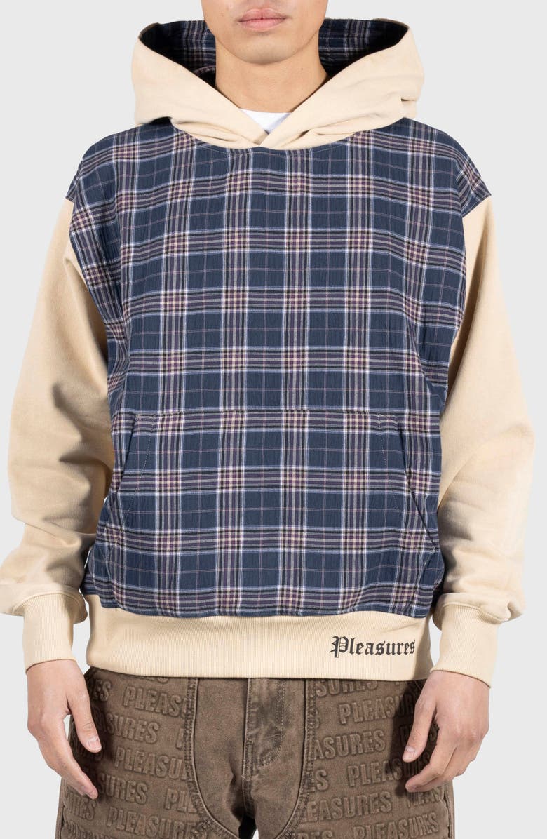 PLEASURES Career Contrast Plaid Hoodie, Main, color, Tan