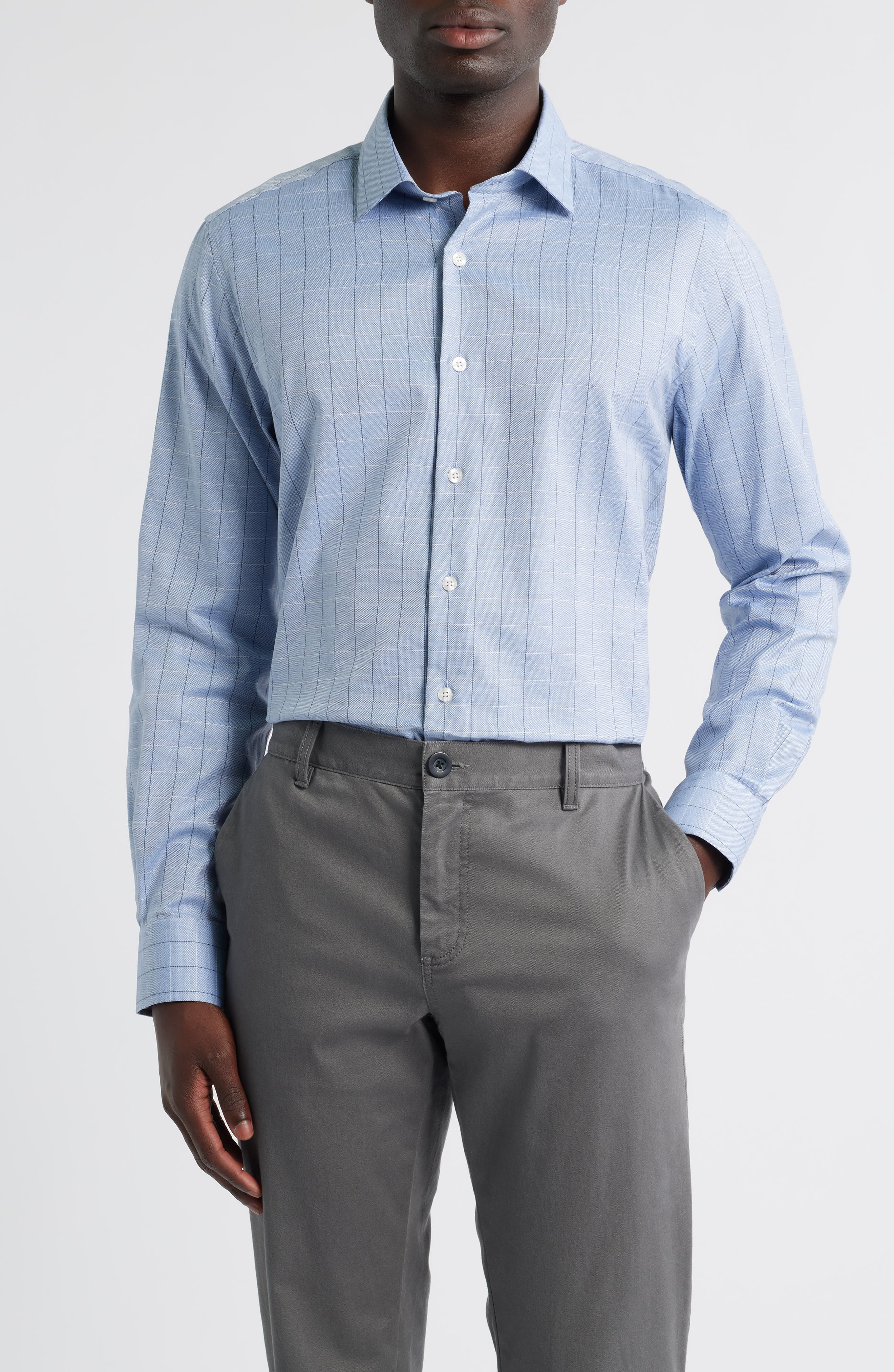 Regular Fit Windowpane Check Melange Cotton Dobby Button-Up Shirt