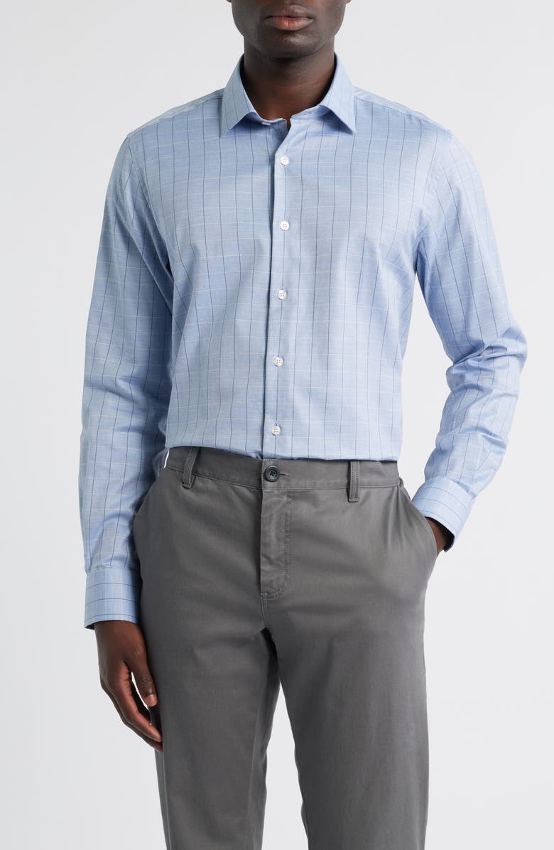 Scott Barber Regular Fit Windowpane Check Mélange Cotton Dobby Button-Up Shirt, Main, color, Blue