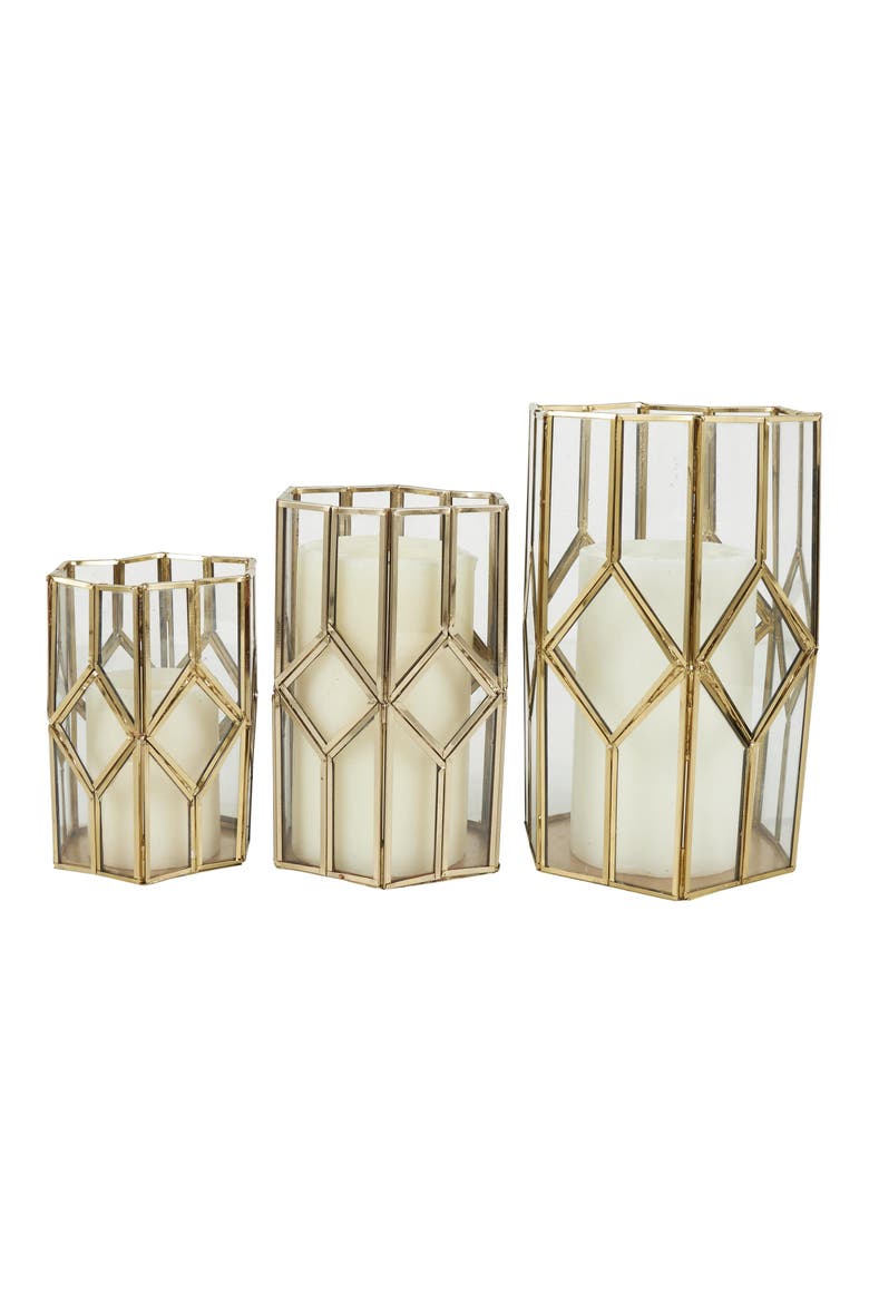 Set of 3 Modern Metal Lantern Candle Holders, Main, color, GOLD
