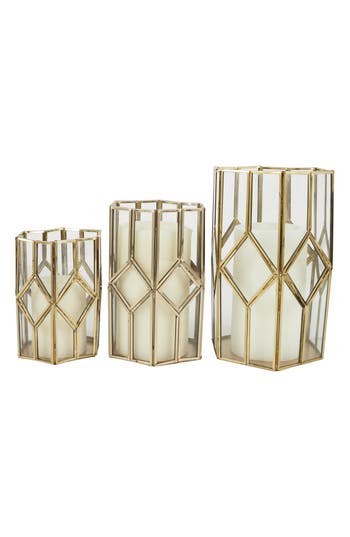 Uma Set Of 3 Modern Metal Lantern Candle Holders In Gold