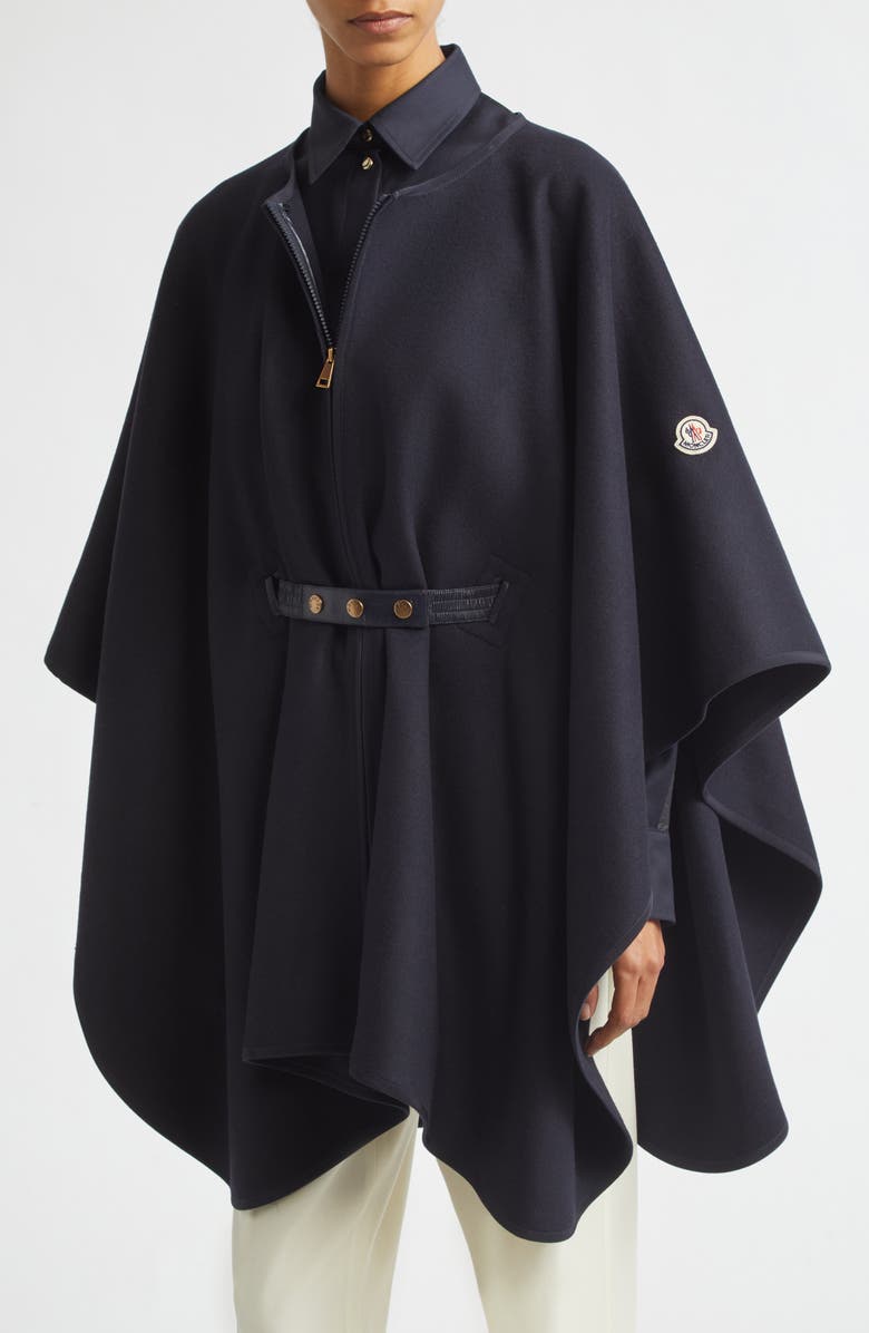 Moncler Zip Padded Wool Blend Hooded Cape, Alternate, color, Blue
