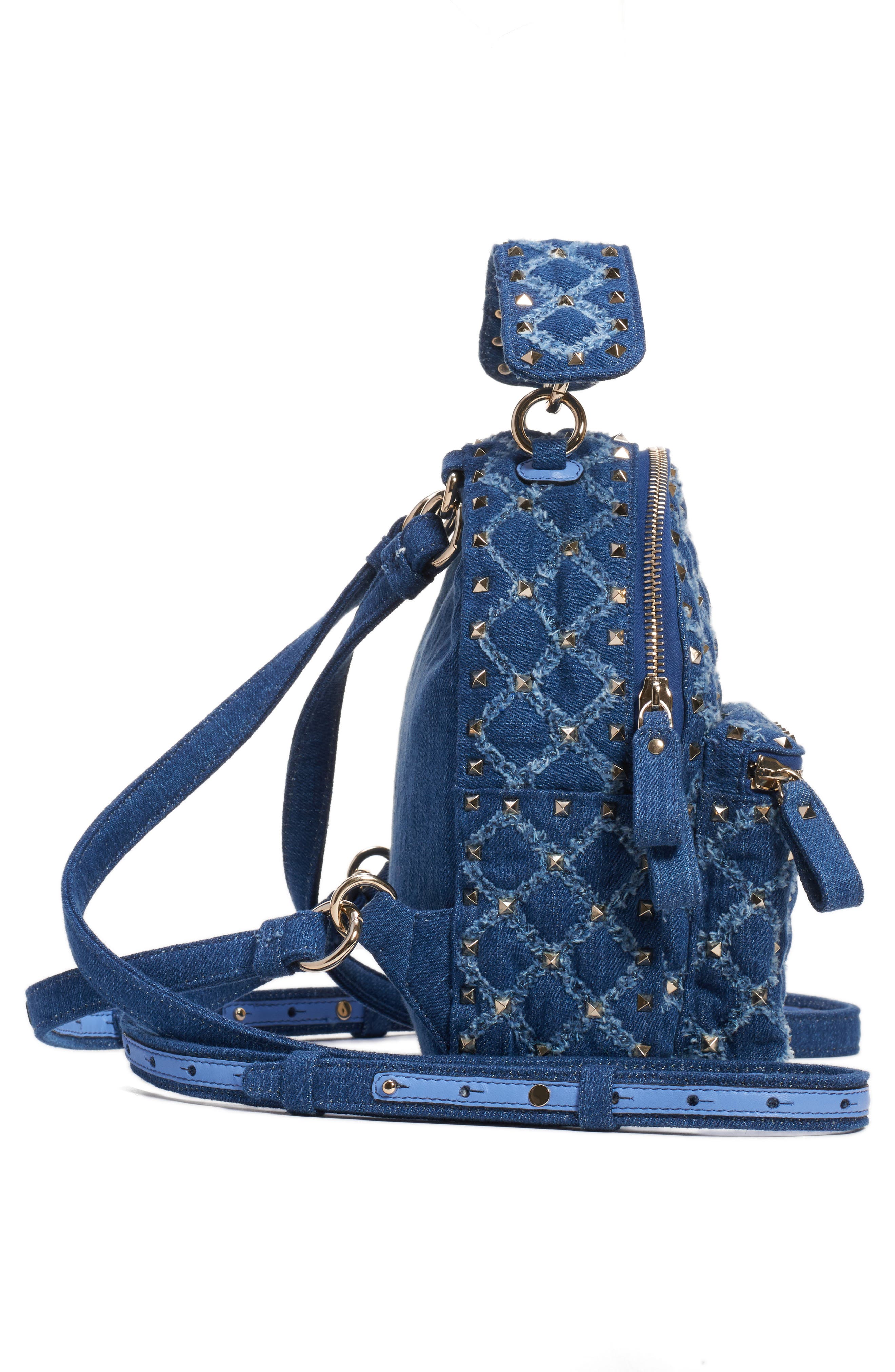 Valentino Garavani Mini Rockstud Spike Denim Backpack, Alternate, color, 