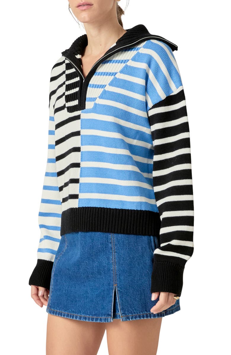English Factory Stripe Half Zip Pullover, Alternate, color, Powder Blue/ Black