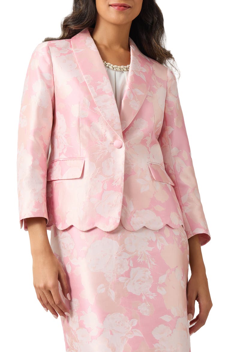 Floral Jacquard Shawl Collar Scalloped Blazer, Main, color, TUTU PINK MULTI