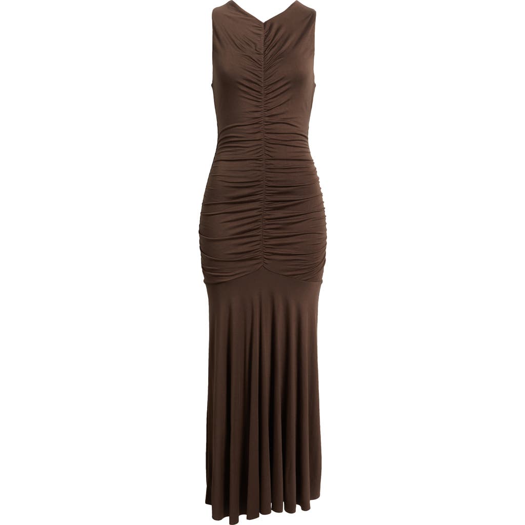Open Edit Ruched Sleeveless Maxi Dress In Brown