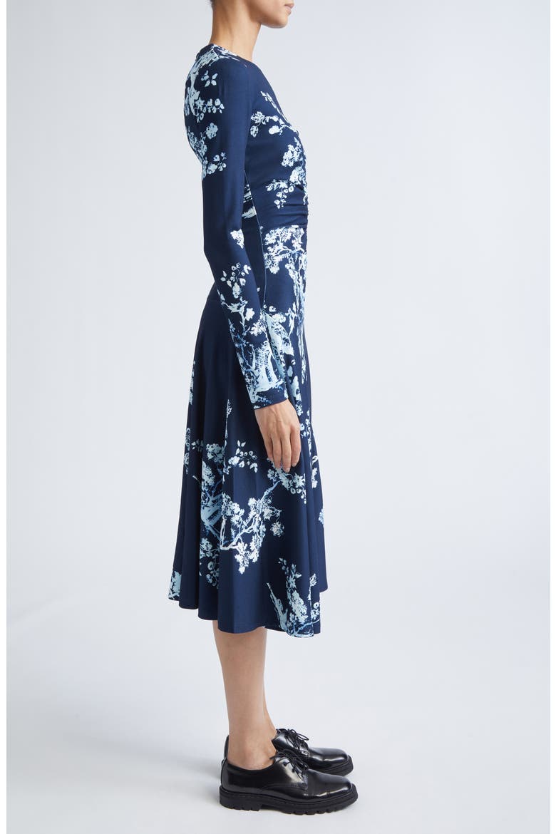 Print Long Sleeve Gathered Ponte Jersey Midi Dress, Alternate, color, CYANOTYPE ETCHING NAVY