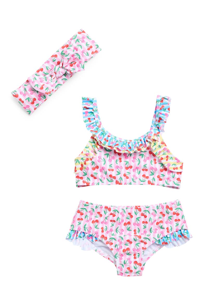 Kids' Floral Ruffle Two-Piece Swimsuit & Headband Set, Main, color, PINK CHERRY