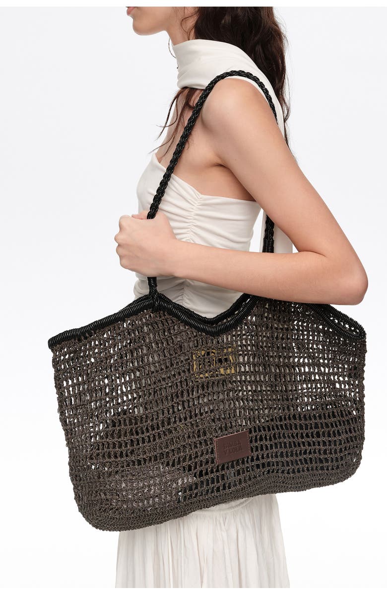Bimba y Lola Large Dark Raffia-Effect Shopper Bag, Alternate, color, Chocolate
