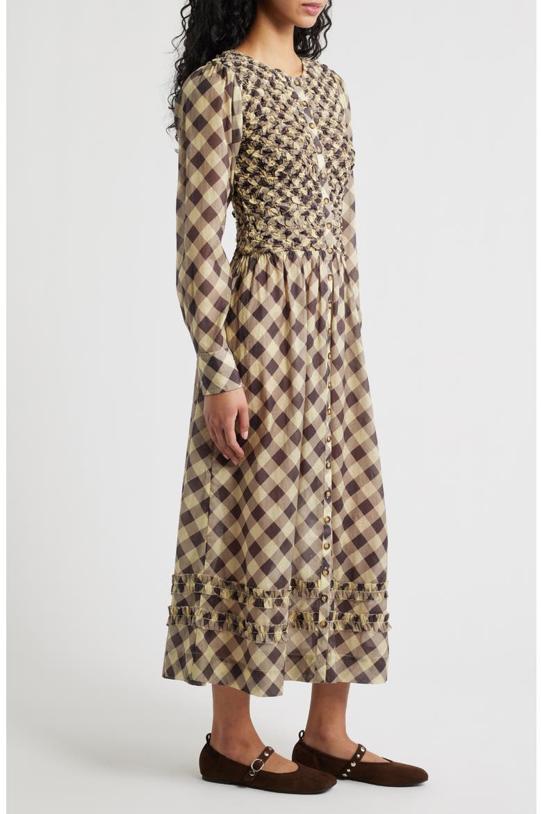 Posey Smocked Long Sleeve Midi Dress, Alternate, color, BUTTER
