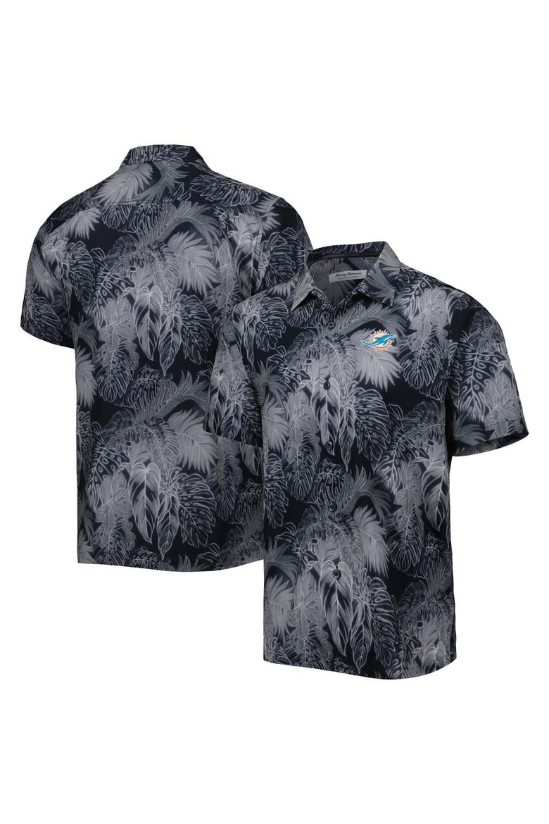 Men's Tommy Bahama Black Miami Dolphins Coast Luminescent Fronds Camp IslandZone Button-Up Shirt, Main, color, Black