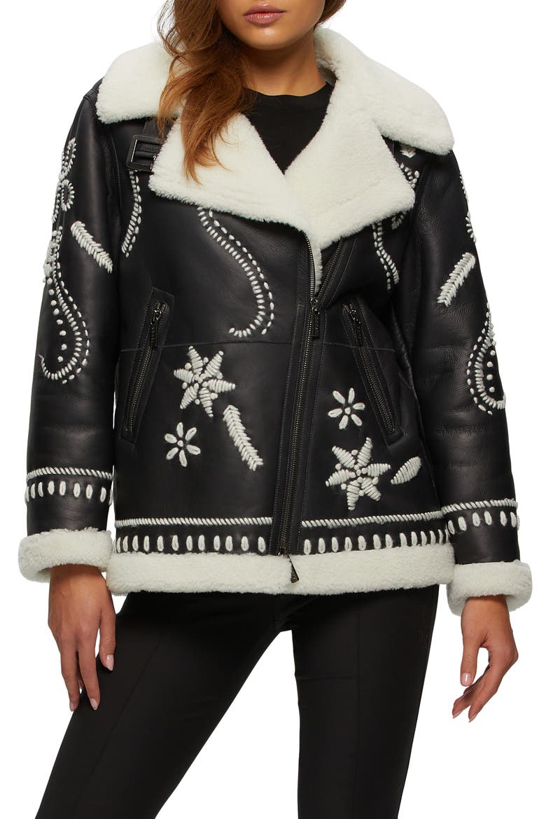 Genuine Shearling Jacket With Embroidery, Main, color, BLACK/WHITE