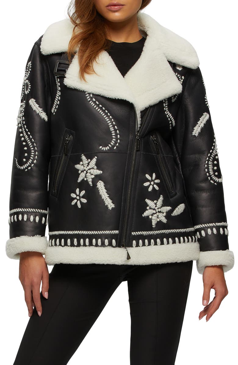 GORSKI Genuine Shearling Jacket With Embroidery, Main, color, Black/White