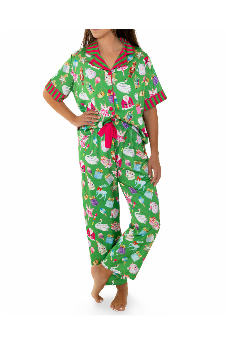 Holiday Bauble Silky Short Sleeve Pants Set, Main, color, Green