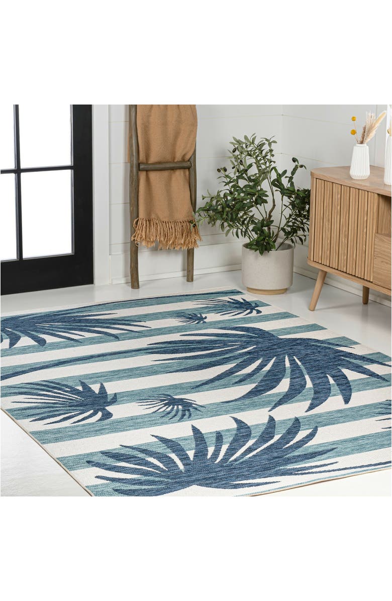 JONATHAN Y Veronica Classic Beach Stripe and Palm Leaf Indoor/Outdoor Area Rug, Alternate, color, Navy/Cream