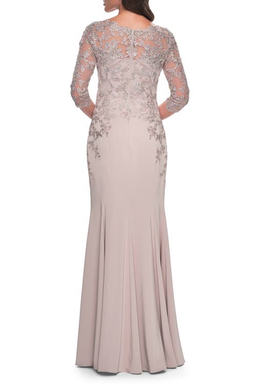 La Femme Fitted Long Satin Dress With Lace Bodice And Sleeves In Champagne