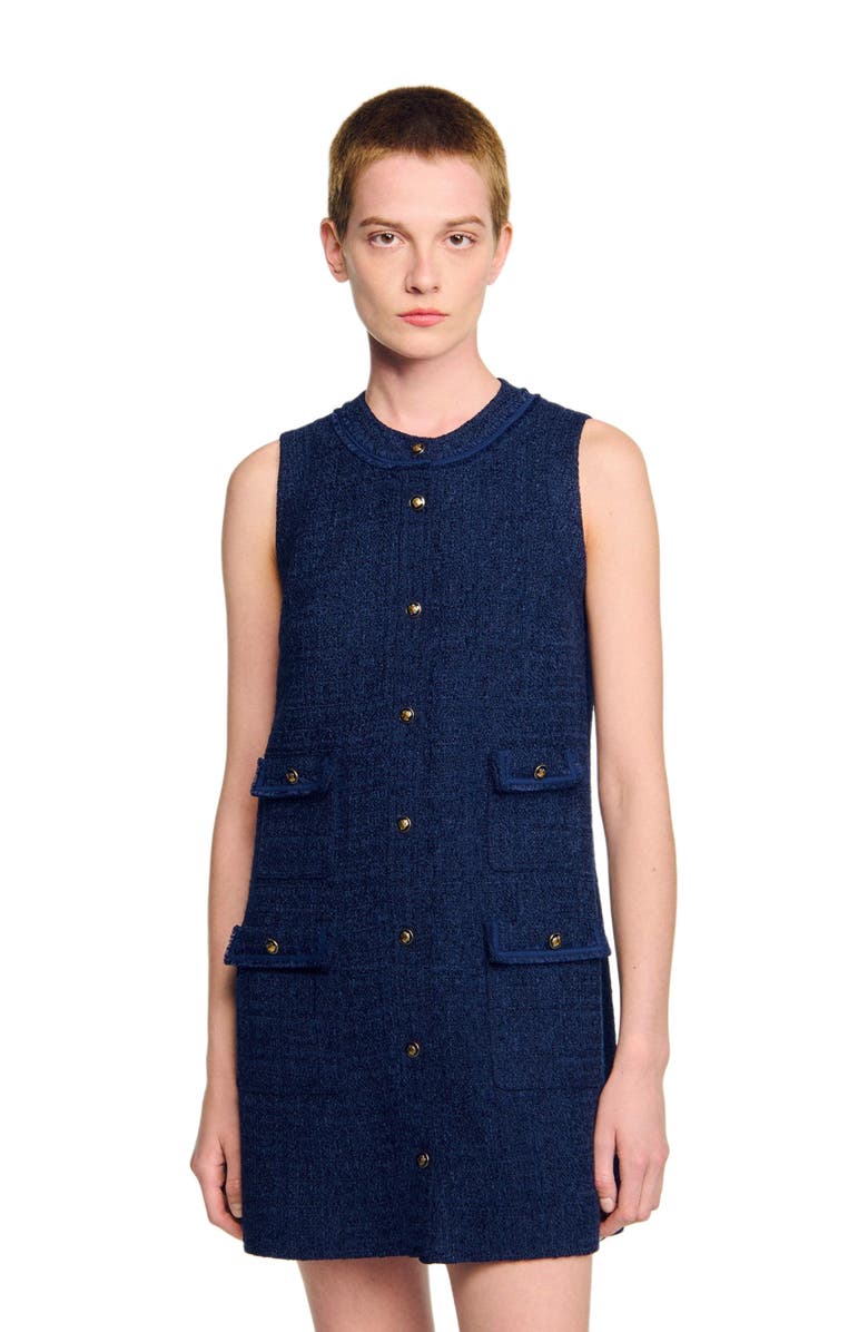 SANDRO Gold button short tweed dress, Main, color, Navy Blue