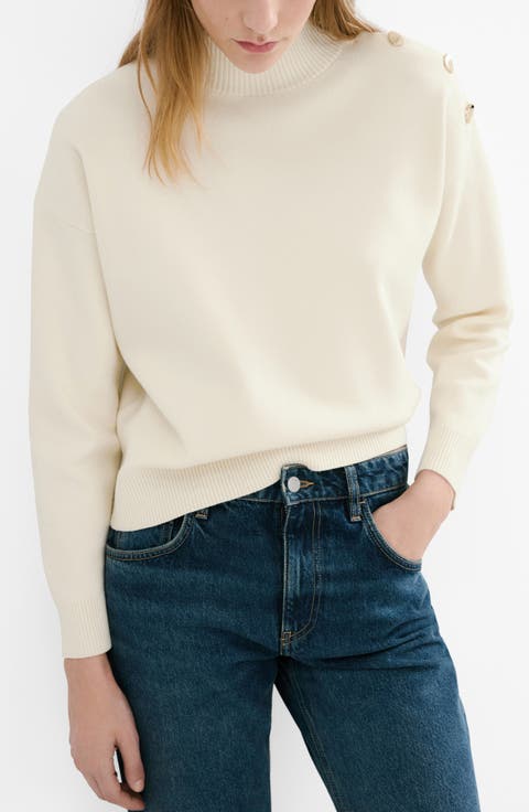 Mock Neck Sweater with Shoulder Buttons