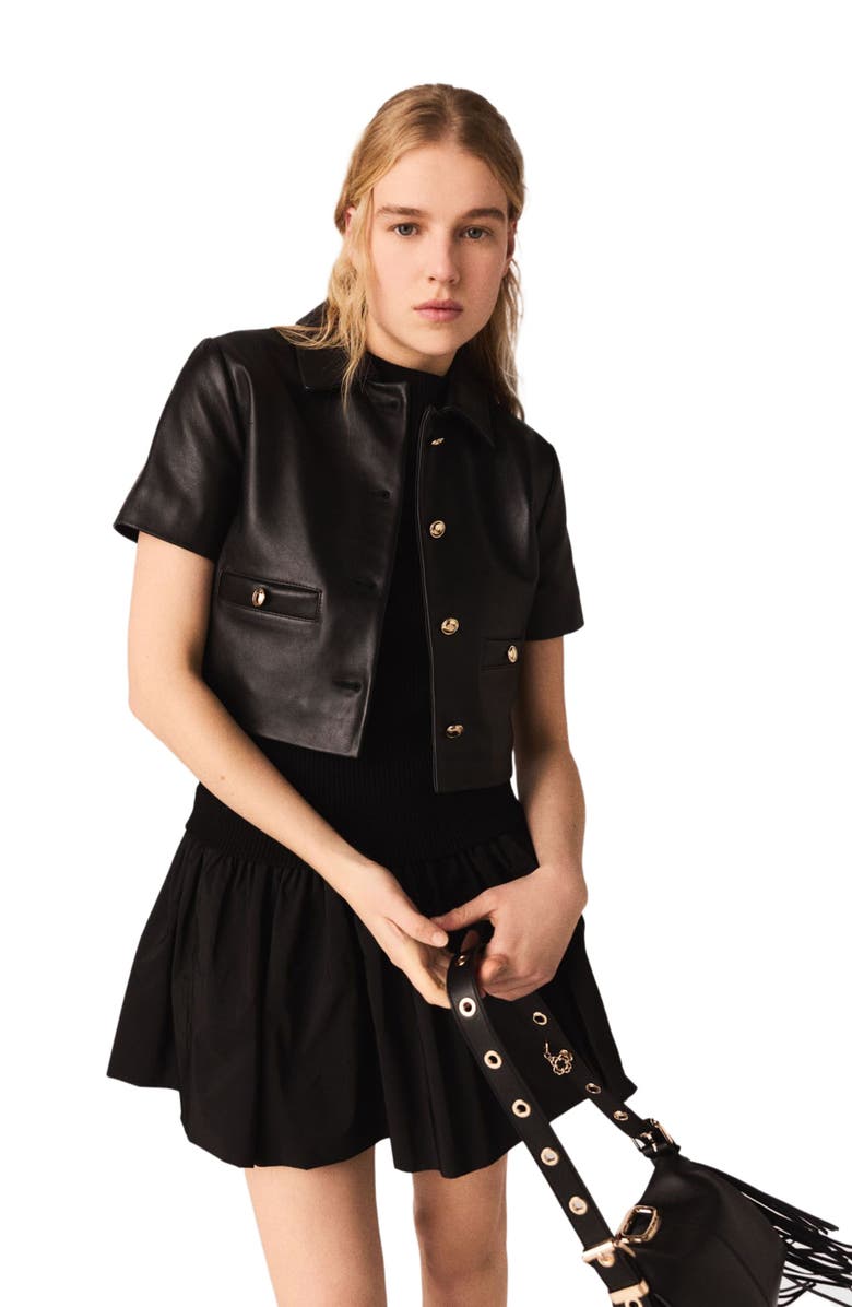 maje Cropped leather jacket, Alternate, color, Black