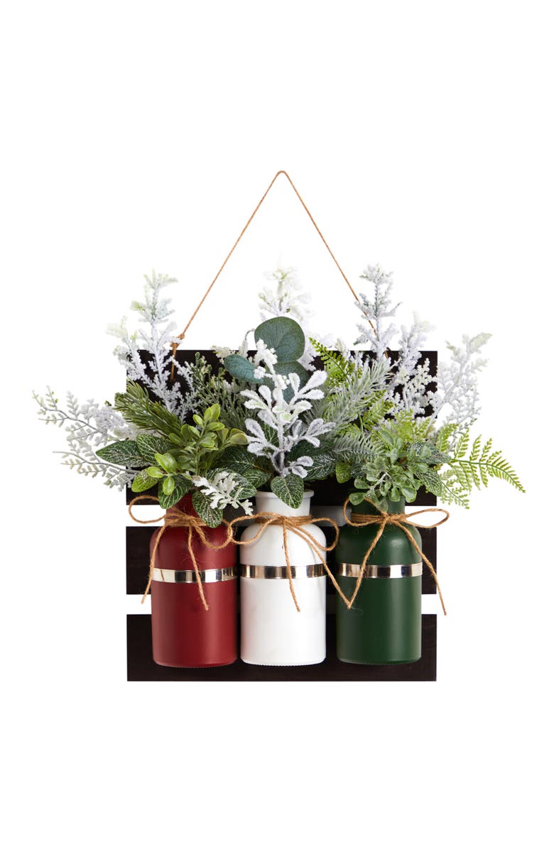 NEARLY NATURAL 17-in Holiday Assorted Christmas Pine Hanging Three Piece Mason Jar Artificial Arrangement Wall Art Décor, Main, color, Green/Red