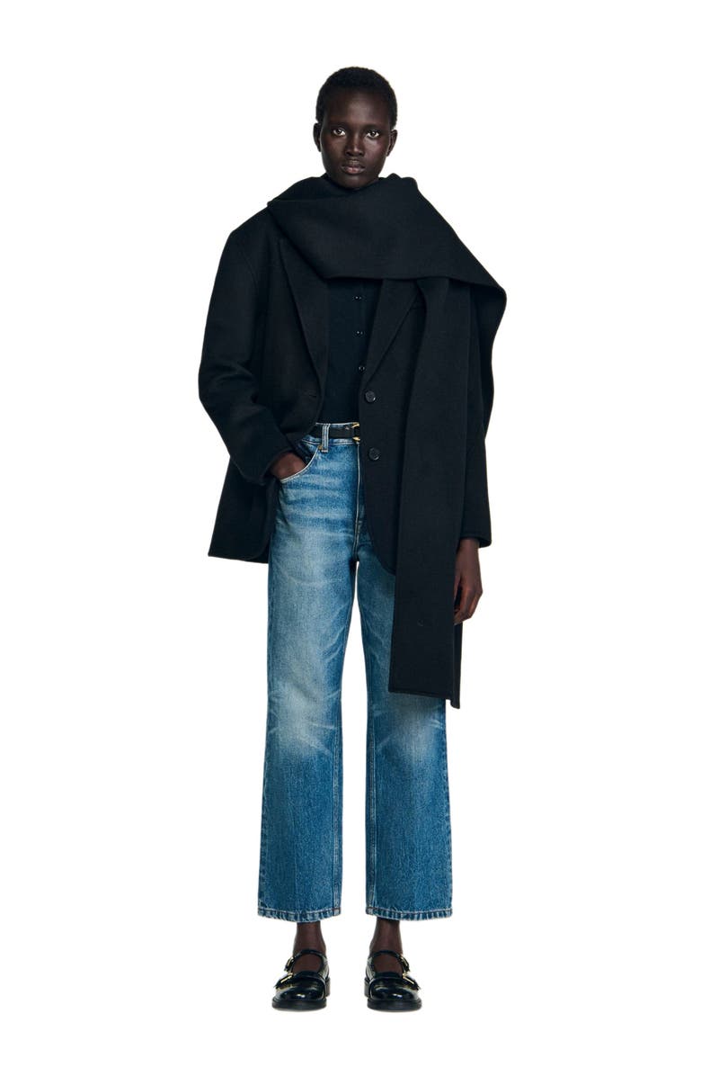 SANDRO Short coat with removable scarf, Alternate, color, Black