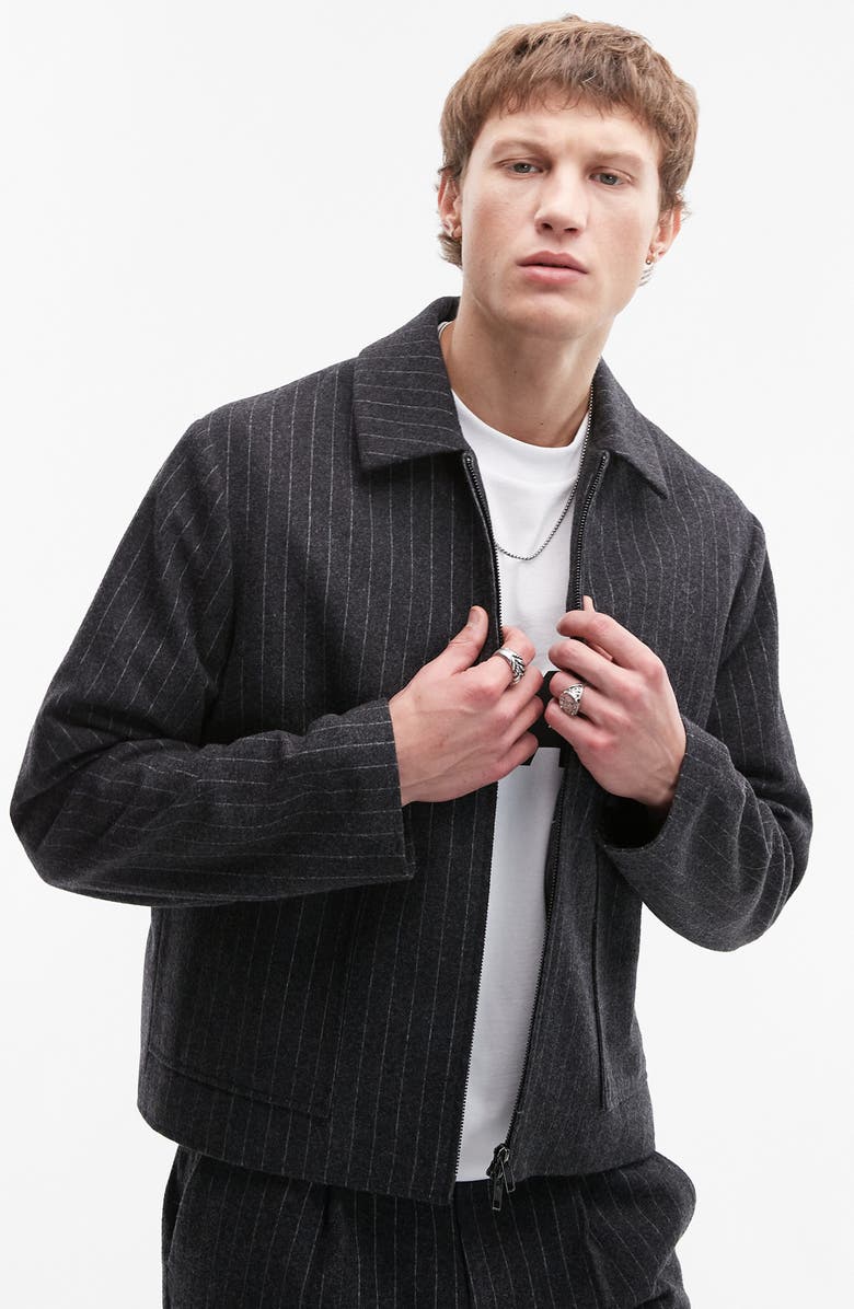 Topman Harrington Pinstripe Wool Blend Jacket, Main, color, Charcoal