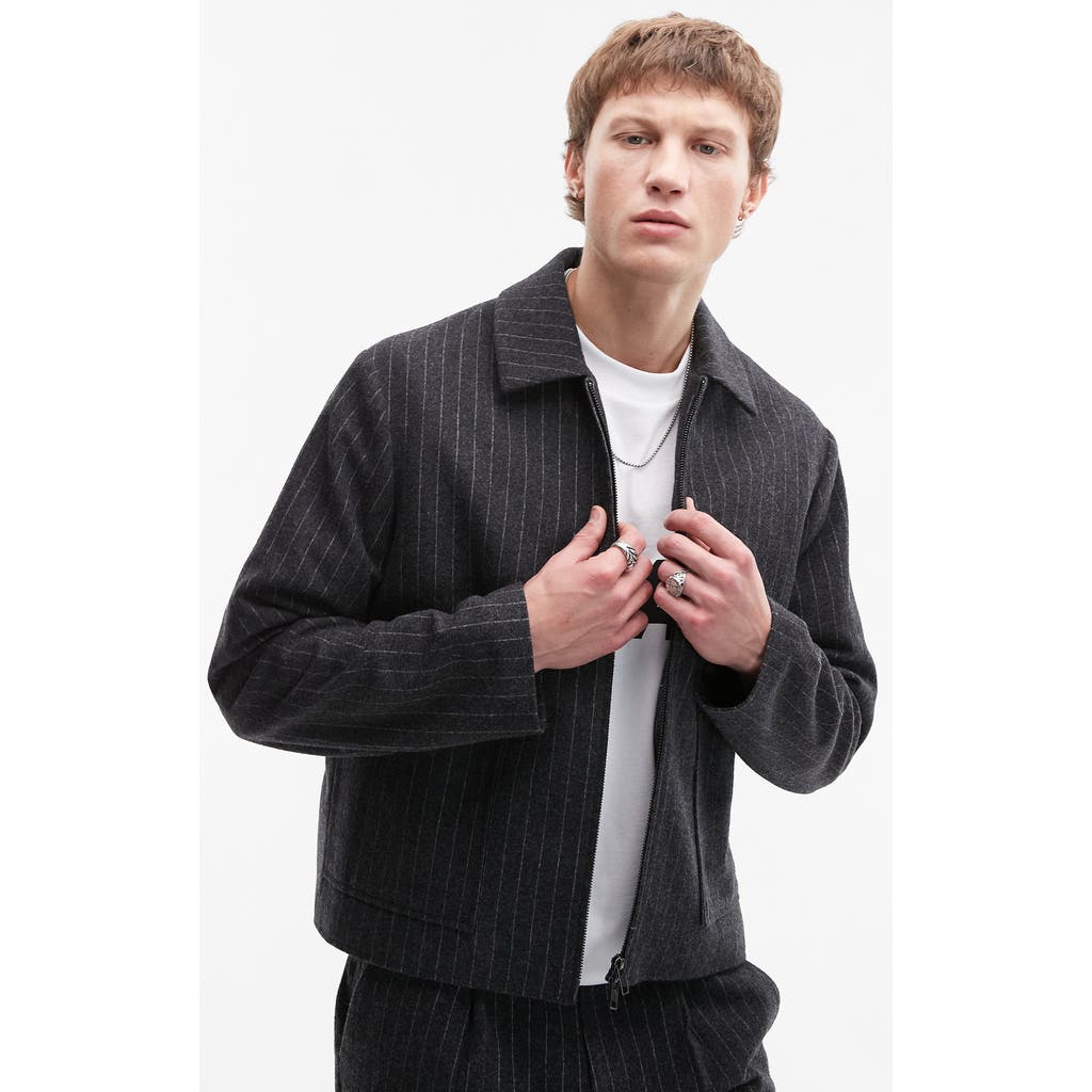 Topman Premium Pinstripe Wool Blend Harrington Jacket In Charcoal-navy In Charcoal
