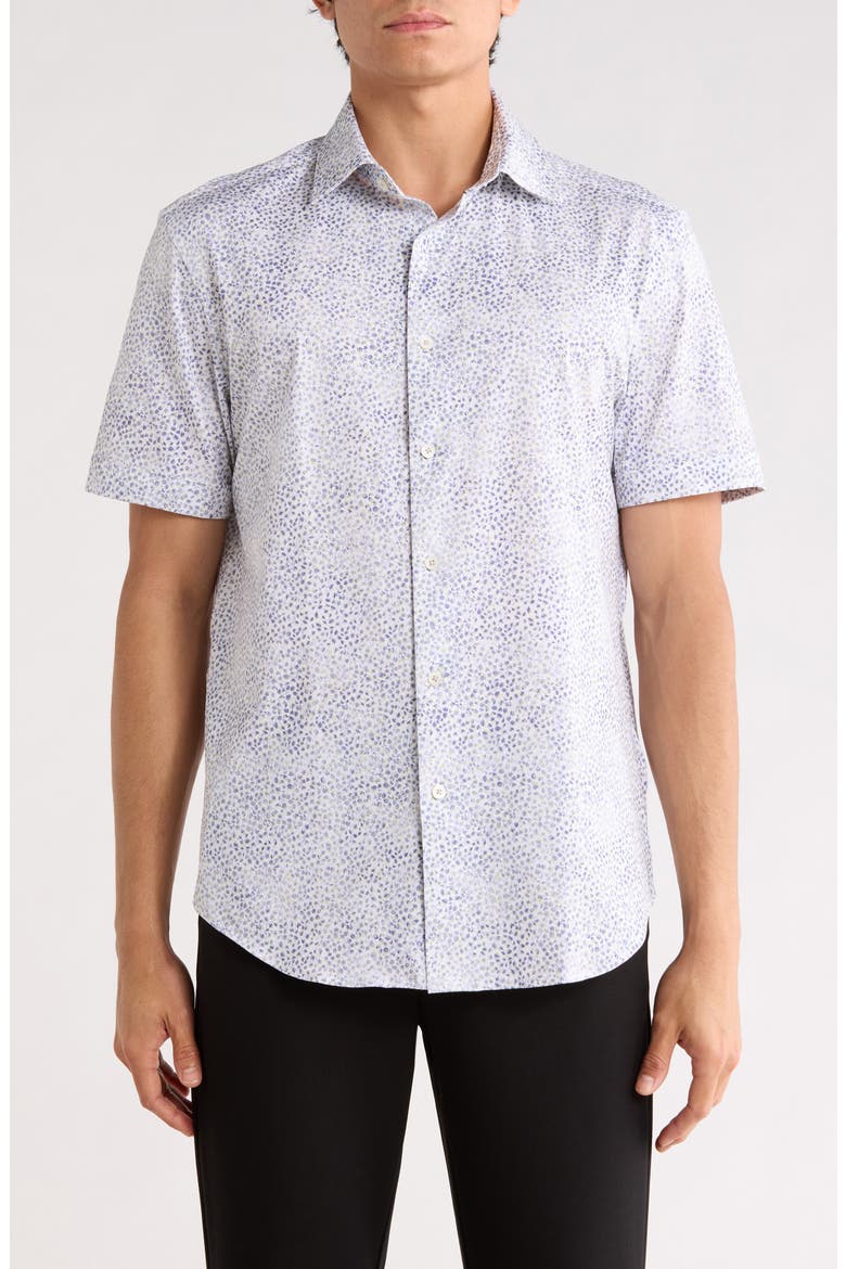 Micro Print Stretch Cotton Short Sleeve Button-Up Shirt, Main, color, PEACOAT
