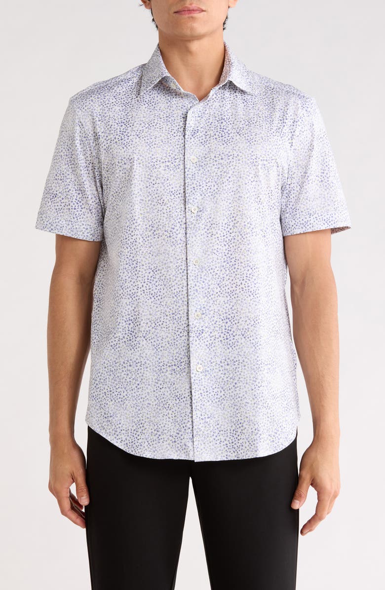 Bugatchi Micro Print Stretch Cotton Short Sleeve Button-Up Shirt, Main, color, Peacoat