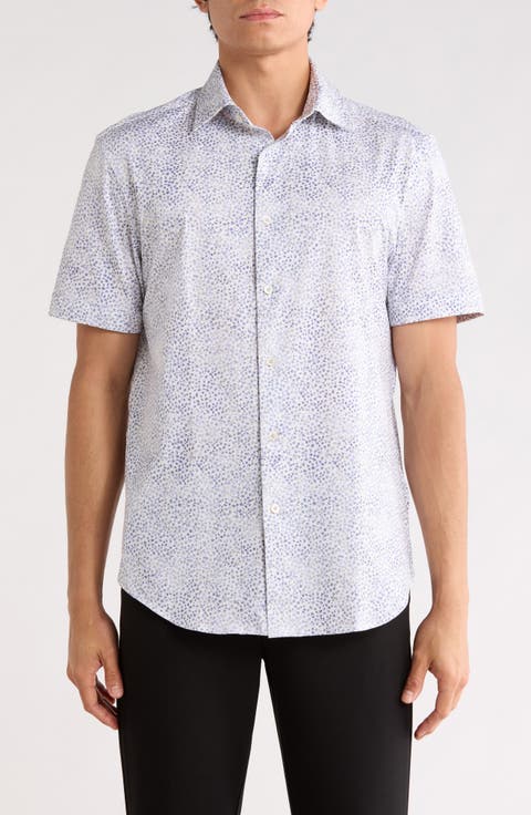 Micro Print Stretch Cotton Short Sleeve Button-Up Shirt