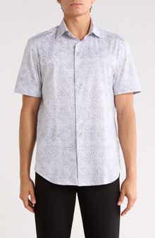 Bugatchi Micro Print Stretch Cotton Short Sleeve Button-Up Shirt